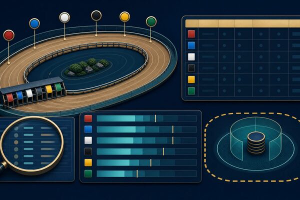 Greyhound racecard illustration with trap, form, odds and spending-limit checks