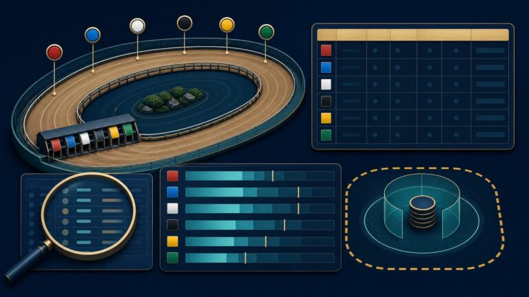 Greyhound racecard illustration with trap, form, odds and spending-limit checks