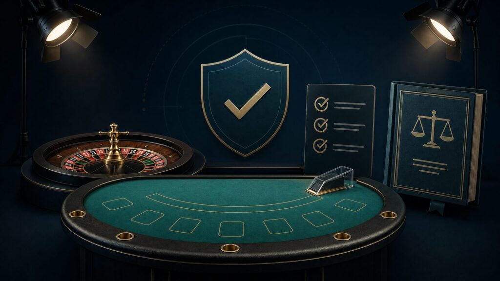 Live dealer table with checks for game rules, licensing and safer gambling