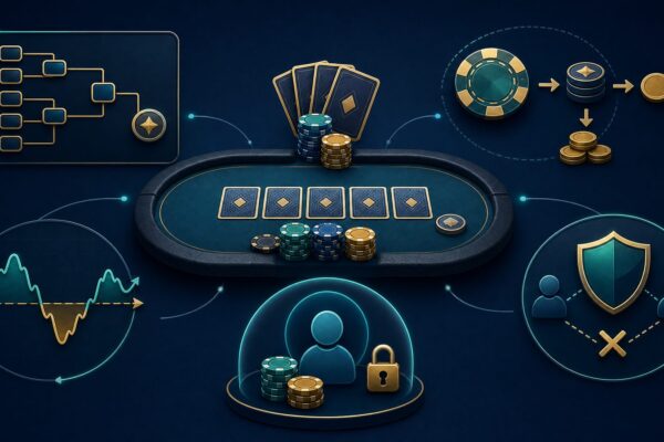Poker table with tournament, rake, variance, collusion and spending-limit checks