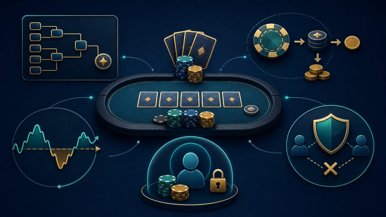 Poker table with tournament, rake, variance, collusion and spending-limit checks