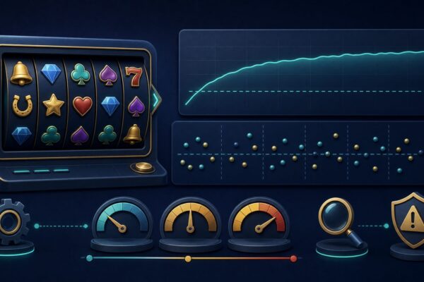 Slot game illustration explaining theoretical RTP, volatility and varying session results