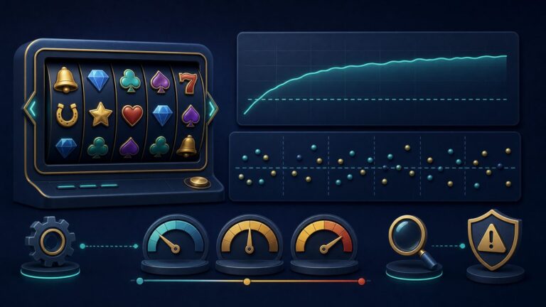 Slot game illustration explaining theoretical RTP, volatility and varying session results